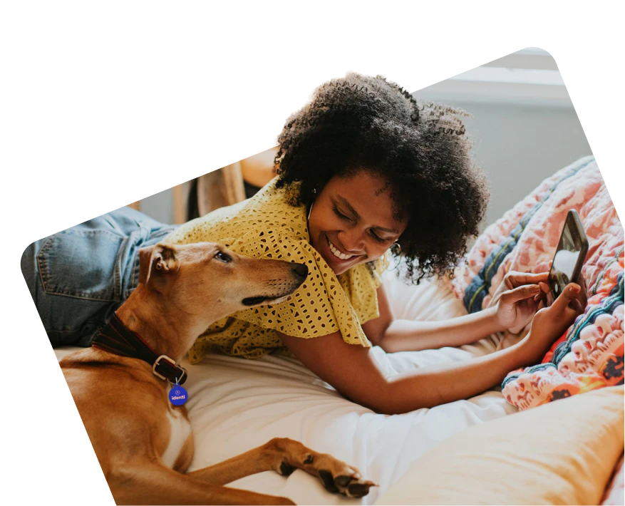 Person lying on a bed with their dog, looking at their phone